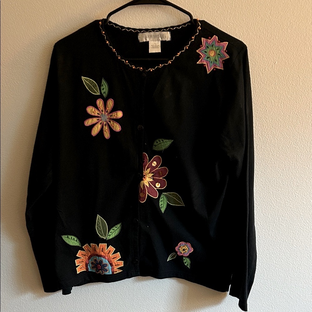 Vintage Black Vibrant Floral Embroidered Women Cotton Cardigan Boho Art Top